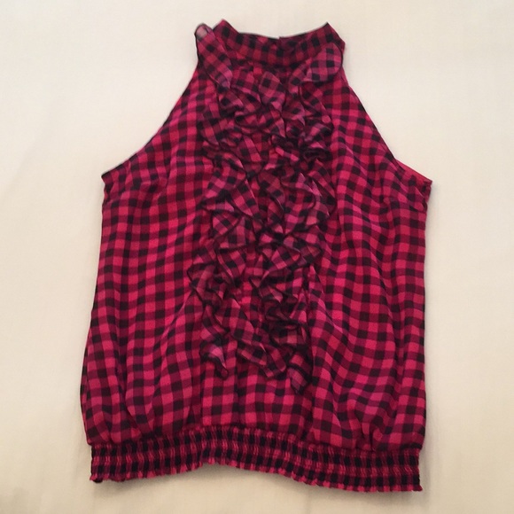 Xhiliration Blouse w/Ruffle Detail - Pink Plaid - Picture 1 of 7
